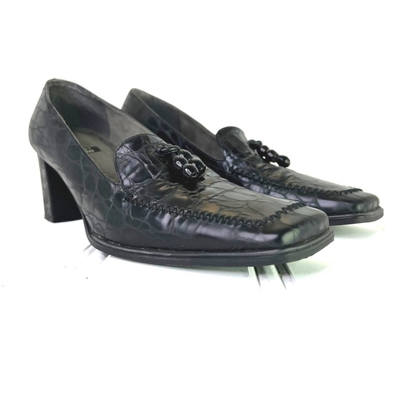 Stuart Weitzman  black leather block heels square toe vintage animal prints 8.5 - Picture 14 of 14